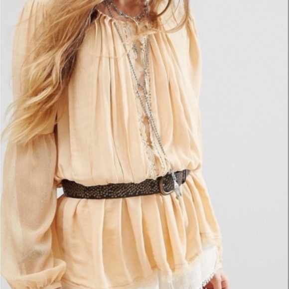 FREE PEOPLE Lace Long Sleeve Tunic Dress Yellow Sz L - Picture 7 of 7